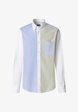 Koszula na guziki z długimi rękawami, białe rękawy, przednia część z niebiesko-beżowymi pionowymi paskami oraz kieszeń na piersi w paski niebieskie.