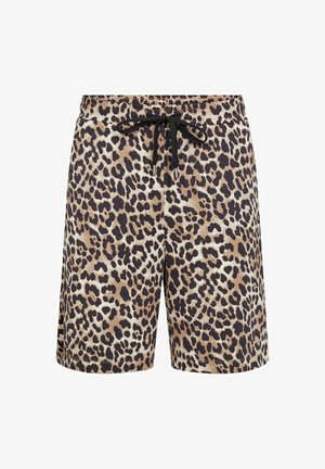 Kraťasy s leopardím vzorom v tehlových a hnedých odtieňoch, vyrobené z mäkkého materiálu, s elastickým pásom a čiernou šnúrkou na prispôsobenie.