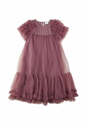 Vestido de tul malva con mangas cortas con volantes y dobladillo en capas con volantes, diseñado para un niño.