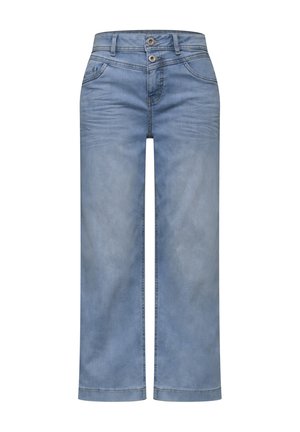 Jean large bleu clair avec fermeture à double bouton, poches avant et détails délavés subtils sur les cuisses.