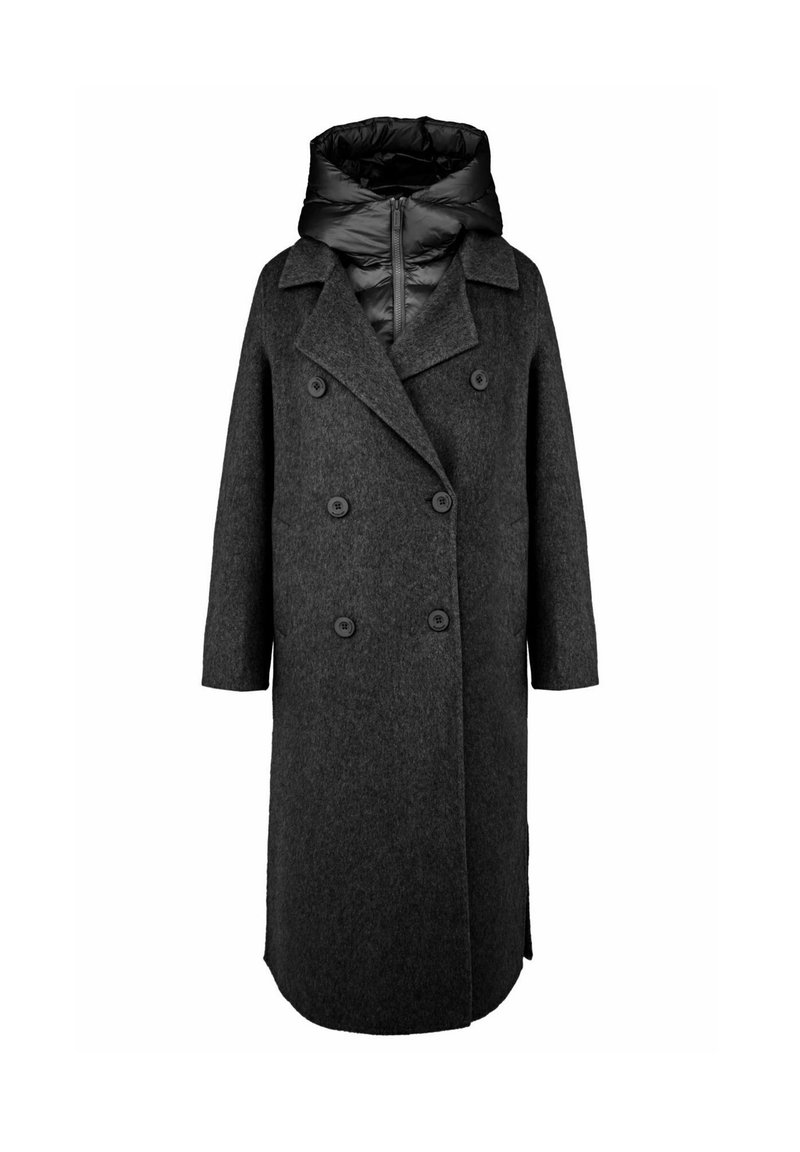 Manteau croisé en laine gris foncé avec une capuche en doudoune noire, doté d'une coupe droite, de manches longues et de deux grands boutons à l'avant.