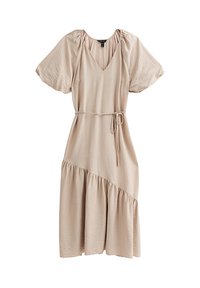 Beige midi-jurk met een V-hals, korte pofmouwen, tailleband en tiered ruffle zoom. De stof heeft een zachte, gestructureerde uitstraling.