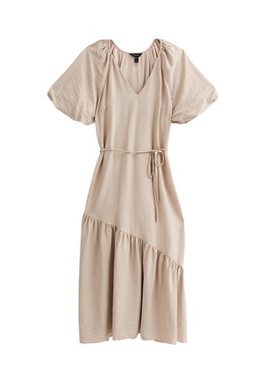 Beige midi-jurk met een V-hals, korte pofmouwen, tailleband en tiered ruffle zoom. De stof heeft een zachte, gestructureerde uitstraling.
