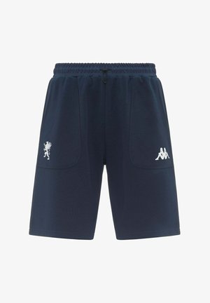 Pantaloncini sportivi blu navy con elastico in vita, tasche laterali, logo leone bianco a sinistra e logo Kappa bianco sulla coscia destra.