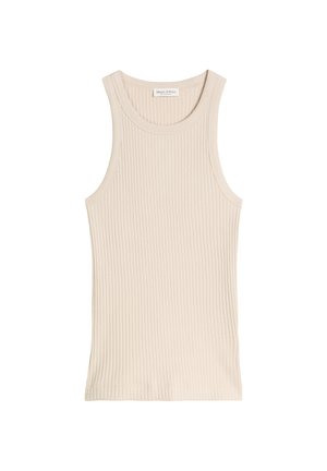 Ärmelloses, geripptes beiges Tanktop mit rundem Ausschnitt, schmaler Passform und Markenlabel im inneren Rückenbereich am Kragen.