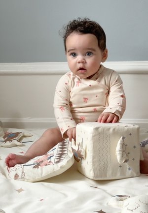 Niño pequeño con cabello rizado oscuro sentado sobre una manta con estampado, jugando con un cubo de tela blanda que tiene formas de animales y solapas adjuntas.