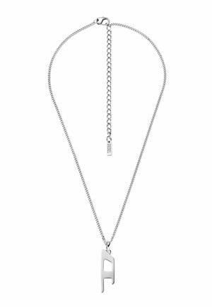 Silver-toned necklace with a fine chain and an "A" shaped pendant featuring a cutout. Simple design with a polished finish.