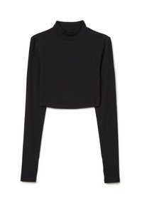 Maglione nero cropped con colletto alto realizzato in un tessuto morbido e elasticizzato, con maniche lunghe e una silhouette aderente. Nessun motivo o accento particolare.
