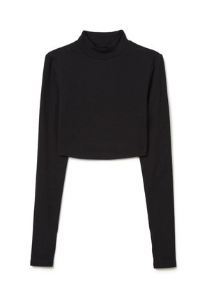 Maglione nero cropped con colletto alto realizzato in un tessuto morbido e elasticizzato, con maniche lunghe e una silhouette aderente. Nessun motivo o accento particolare.
