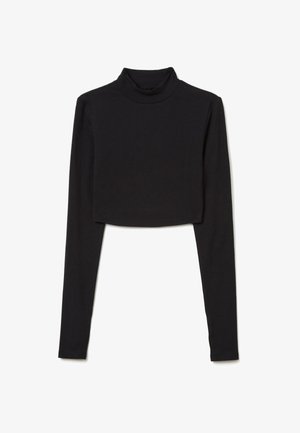 Schwarzes, kurzes Turtleneck-Top aus weichem, dehnbarem Stoff mit langen Ärmeln und figurbetontem Schnitt. Keine bemerkenswerten Muster oder Akzente.