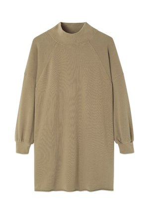 Khaki värvi pullover-kleit kõrge kaelusega, raglaanvarrukatega ja kogutud mansettidega. Pehme kangas, sileda tekstuuriga ja sirge lõikega.