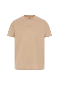 Beige cotton t-shirt, crew neck, short sleeves, featuring an embossed "GUESS" logo on the front. Smooth texture, regular fit design.