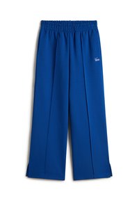 Pantalones amplios de color azul con cintura fruncida, que presentan pliegues en el frente y aberturas en los costados del dobladillo. Tela suave con detalle del logo 'Vans'.