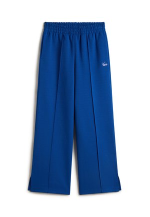 Pantalons larges bleus avec une taille smockée, présentant des plis à l'avant et des fentes latérales à l'ourlet. Tissu doux avec un détail du logo 'Vans'.