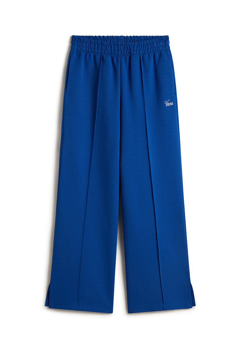 Pantalones amplios de color azul con cintura fruncida, que presentan pliegues en el frente y aberturas en los costados del dobladillo. Tela suave con detalle del logo 'Vans'.