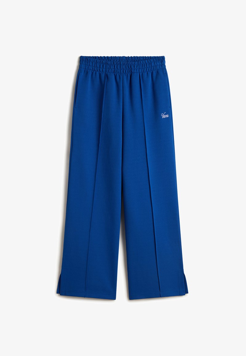 Blauwe wijdere broeken met een smockband, voorzien van plooien aan de voorkant en zijsplitten aan de zoom. Zachte stof met 'Vans' logo detail.