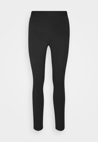 Black leggings featuring a fitted design, smooth texture, and an elastic waistband. No visible patterns or hardware details.