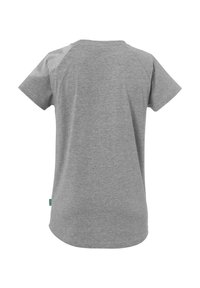 Grijze T-shirt met korte mouwen en een ronde halslijn, voorzien van ademende mesh-details op de schouders. Zacht materiaal, ontspannen pasvorm en een afgeronde zoom.