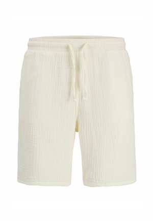 Bledo bež kratke hlače iz teksturirane tkanine z elastičnim pasom in sprednjim sredinskim vrvico, dolžine do kolen, priložnostni slog.