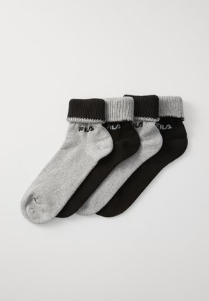 Quattro paia di calze sportive in grigio e nero, con risvolti a costine, materiale in morbido cotone misto e logo stampato sui lati.