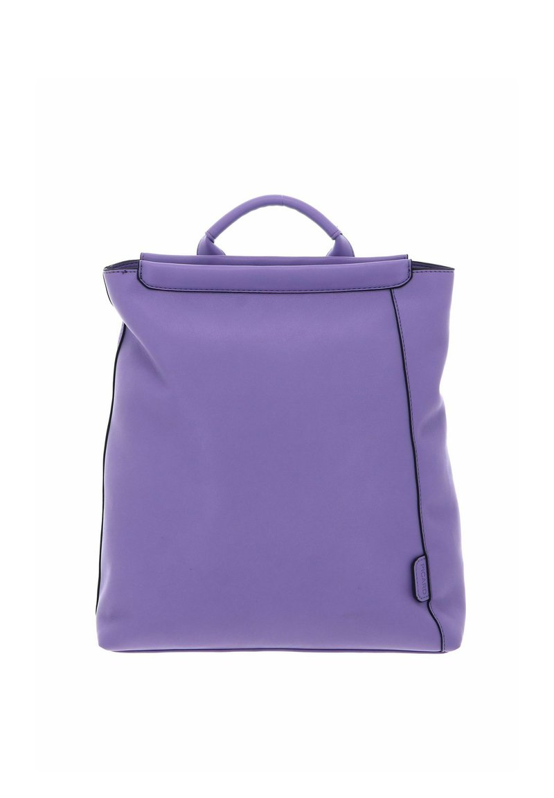 Sac à dos violet en cuir lisse, doté d'une poignée supérieure, d'une forme minimaliste et de coutures noires contrastantes le long des bords.