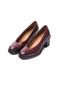 Zapatos de cuero burdeos de punta cerrada con un tacón bajo y modestos, que cuentan con una textura suave y un diseño sencillo. Sin patrones ni acentos distintivos.