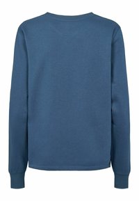 Ilgi piedurknju zila džempera no kokvilnas auduma maisījuma. Iekļauj apaļu kakla izgriezumu un ribotas aproces ar gludu faktūru un vienkrāsainu dizainu.