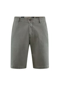 Pantaloni corti grigi in cotone con finitura testurizzata, dotati di chiusura con bottone frontale, passanti per cintura e tasche laterali.