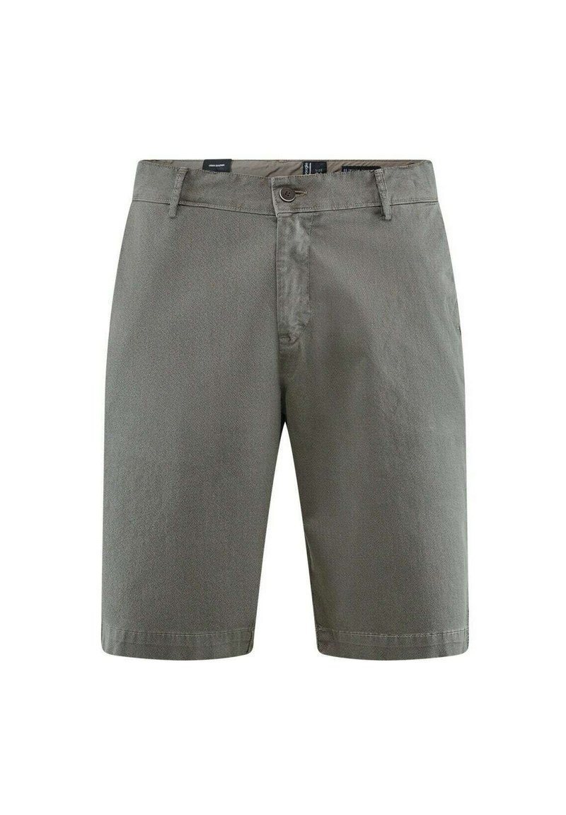 Pantaloni corti grigi in cotone con finitura testurizzata, dotati di chiusura con bottone frontale, passanti per cintura e tasche laterali.