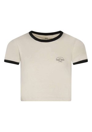 T-shirt beige court à manches courtes avec col et bords des manches noirs, comportant un petit texte « Official Teddy Smith » sur le côté gauche de la poitrine.