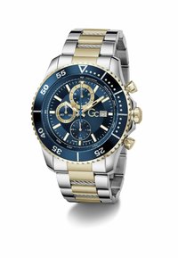 GC watch featuring a blue dial, gold and silver-tone stainless steel strap, chronograph subdials, and unidirectional bezel with minute markers.