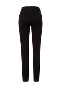 Schwarze Slim-Fit-Hose, von hinten mit Gürtelschlaufen und zwei Gesäßtaschen auf weißem Hintergrund gezeigt.