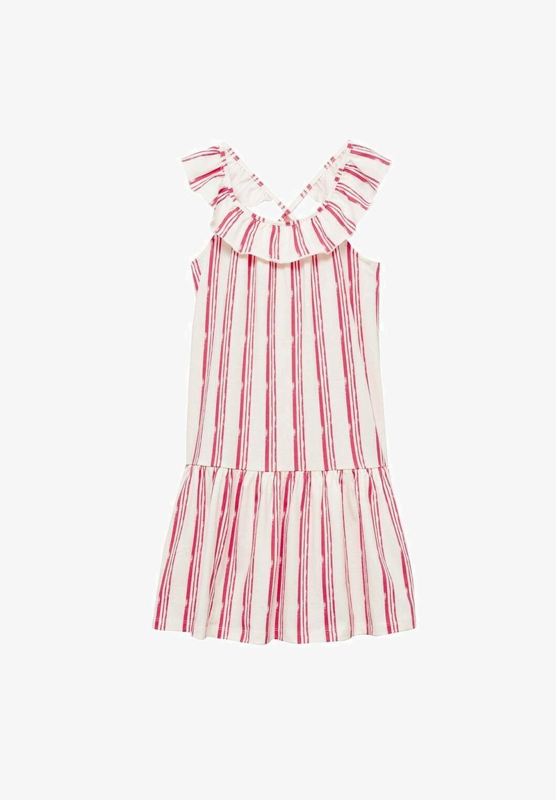 Striped sleeveless dress with a ruffled neckline, featuring red and white vertical stripes and a flared hem. Made from lightweight fabric.