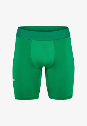 Grüne Sportshorts aus dehnbarem Material, mit einer taillierten Passform, glatter Textur, elastischem Bund und ohne sichtbare Muster.
