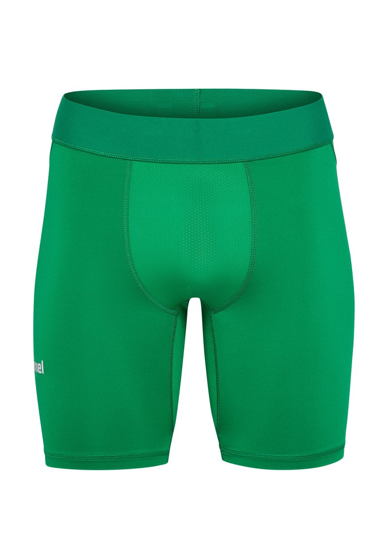 Groene sportshorts gemaakt van rekbaar materiaal, met een aansluitend ontwerp, een gladde textuur, een elastische tailleband en zonder zichtbare patronen.