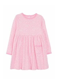 Langärmeliges pinkes Kleid mit weißem Blumenmuster, gerafftem Taillenbund und kleinen Taschendetails. Aus weichem Baumwollstoff hergestellt.