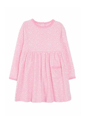 Roze jurk met lange mouwen, witte bloemenprint, bijeen geraften taille en een klein zakje. Gemaakt van zachte katoenstof.