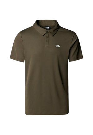 Oliwkowa koszulka polo z krótkim rękawem, trzema guzikami i małym białym logo The North Face po lewej stronie klatki piersiowej.