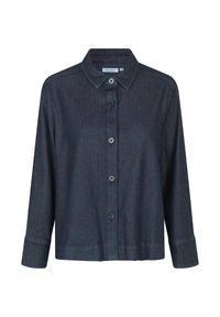 Mørk denimskjorte med knaplukning foran, spids krave, lange ærmer og en lige bund. Har seks knapper og en struktureret overflade.