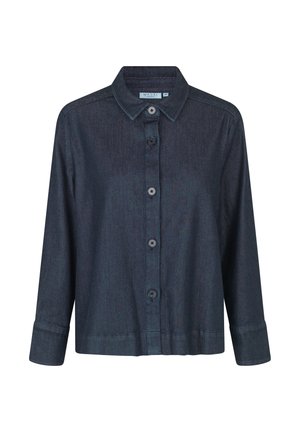 Camisa de mezclilla oscura con una parte delantera abotonada, cuello puntiagudo, mangas largas y dobladillo recto. Presenta seis botones y un acabado texturizado.