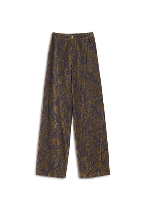 Pantalones de pierna ancha en un tejido texturizado que presenta un patrón abstracto en azul y dorado. Los pliegues frontales y los bolsillos laterales realzan el diseño.