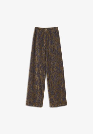 Pantalones de pierna ancha en un tejido texturizado que presenta un patrón abstracto en azul y dorado. Los pliegues frontales y los bolsillos laterales realzan el diseño.