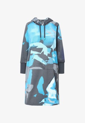 Hooded sweatshirt dress in soft, fleece material with a blue and gray abstract pattern, long sleeves, front pocket, and adjustable drawstrings.