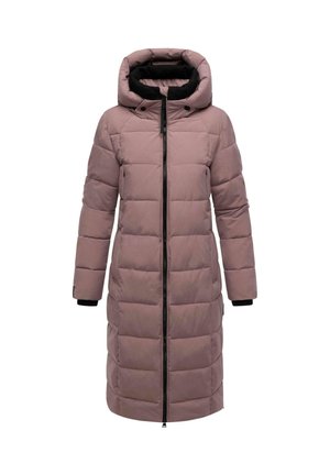 Padded long coat in soft mauve with a black interior, oversized hood, front zip closure, and ribbed cuffs, featuring quilted sections.
