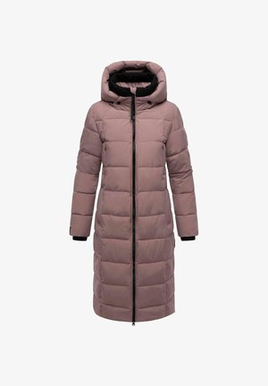 Pehmeast mauve'ist polsterdatud pikk jope musta sisuga, üle mõõtmete kapuutsiga, ees lukuga kinnitusega ja soonikkäteotega, sisaldades tikitud osi.
