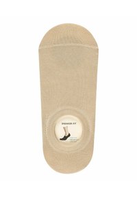Chaussettes de sport basses beige avec une texture lisse, arborant une étiquette centrale de design circulaire indiquant les niveaux de coupe : haute, moyenne, basse.