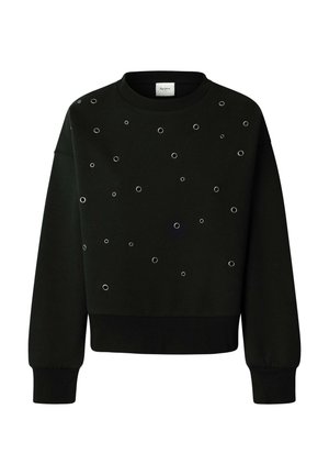 Czarna bluza z okrągłym dekoltem, ozdobiona srebrnymi przelotkami ułożonymi w nieregularny wzór. Miękka tkanina, ściągacze na mankietach i u dołu.