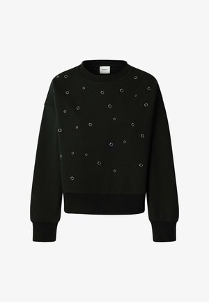 Czarna bluza z okrągłym dekoltem, ozdobiona srebrnymi przelotkami ułożonymi w nieregularny wzór. Miękka tkanina, ściągacze na mankietach i u dołu.