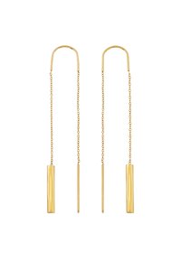 Orecchini a goccia in oro con un lungo design a catena, adornati da due accenti cilindrici e una superficie lucida. Forma geometrica semplice e moderna.