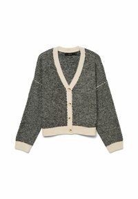Cardigan lavorato a maglia in bianco e nero, con scollatura a V, maniche lunghe, cinque bottoni e bordi a contrasto color crema sui polsini e sull'orlo.